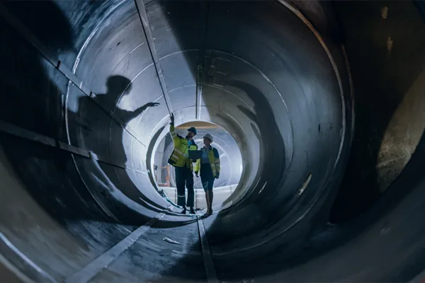Inspection team inside a large industrial vessel